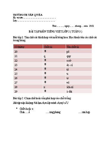 Bài tập Tiếng Việt Lớp 2 - Tuần 3 - Năm học 2021-2022 - Trường Tiểu học Tân Quới A (Có đáp án)