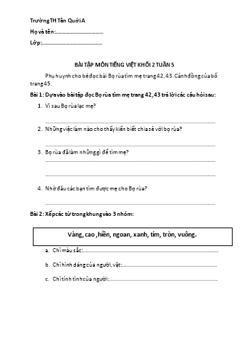 Bài tập Tiếng Việt Lớp 2 - Tuần 5 - Năm học 2021-2022 - Trường Tiểu học Tân Quới A (Có đáp án)