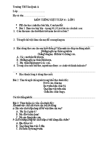 Bài tập Tiếng Việt Lớp 2 - Tuần 6 - Năm học 2021-2022 - Trường Tiểu học Tân Quới A (Có đáp án)