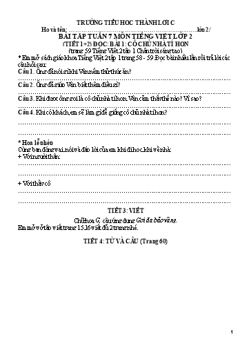 Bài tập Tiếng Việt Lớp 2 - Tuần 7 - Trường Tiểu học Thành Lợi C (Có đáp án)
