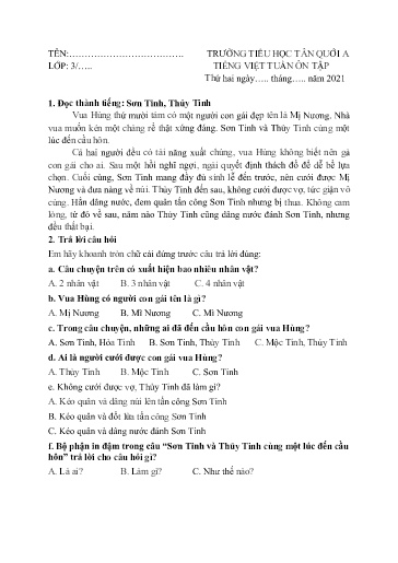 Bài tập Tiếng Việt Lớp 3 - Tuần 0 - Năm học 2021-2022 - Trường Tiểu học Tân Quới A (Có đáp án)