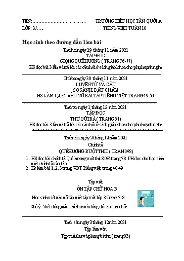 Bài tập Tiếng Việt Lớp 3 - Tuần 10 - Năm học 2021-2022 - Trường Tiểu học Tân Quới A (Có đáp án)