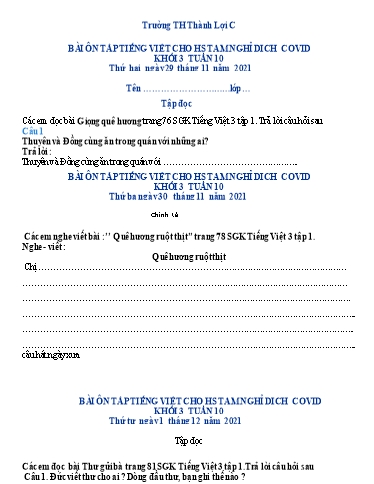 Bài tập Tiếng Việt Lớp 3 - Tuần 10 - Trường Tiểu học Thành Lợi C (Có đáp án)