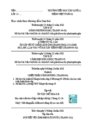 Bài tập Tiếng Việt Lớp 3 - Tuần 12 - Năm học 2021-2022 - Trường Tiểu học Tân Quới A (Có đáp án)
