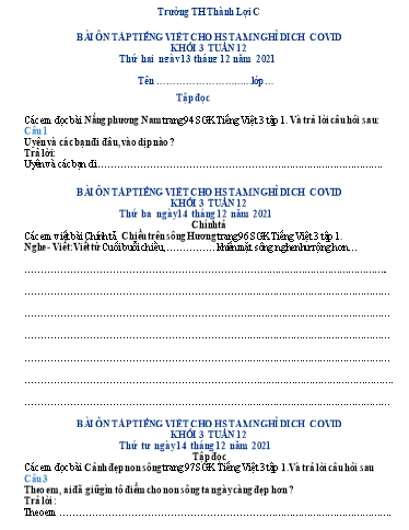 Bài tập Tiếng Việt Lớp 3 - Tuần 12 - Trường Tiểu học Thành Lợi C (Có đáp án)