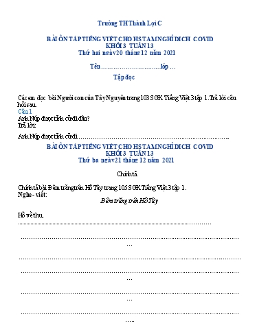 Bài tập Tiếng Việt Lớp 3 - Tuần 13 - Trường Tiểu học Thành Lợi C (Có đáp án)