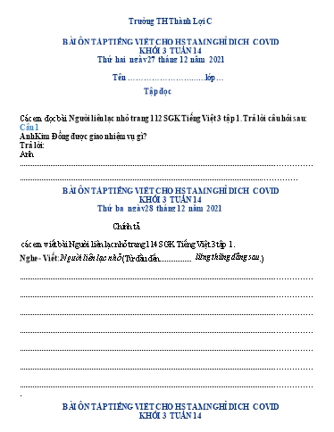 Bài tập Tiếng Việt Lớp 3 - Tuần 14 - Trường Tiểu học Thành Lợi C (Có đáp án)