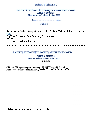 Bài tập Tiếng Việt Lớp 3 - Tuần 15 - Trường Tiểu học Thành Lợi C (Có đáp án)