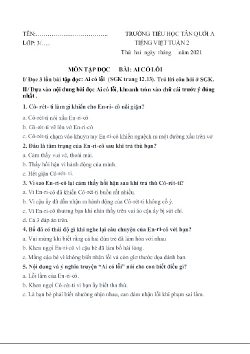 Bài tập Tiếng Việt Lớp 3 - Tuần 2 - Năm học 2021-2022 - Trường Tiểu học Tân Quới A