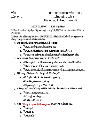 Bài tập Tiếng Việt Lớp 3 - Tuần 4 - Năm học 2021-2022 - Trường Tiểu học Tân Quới A (Có đáp án)