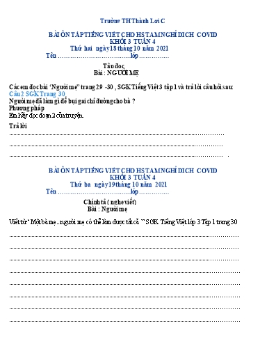 Bài tập Tiếng Việt Lớp 3 - Tuần 4 - Trường Tiểu học Thành Lợi C (Có đáp án)