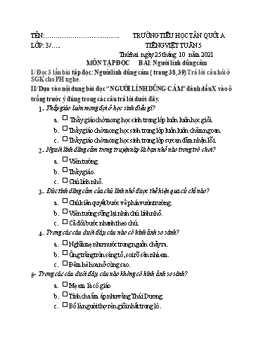 Bài tập Tiếng Việt Lớp 3 - Tuần 5 - Năm học 2021-2022 - Trường Tiểu học Tân Quới A (Có đáp án)