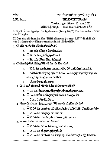 Bài tập Tiếng Việt Lớp 3 - Tuần 6 - Năm học 2021-2022 - Trường Tiểu học Tân Quới A (Có đáp án)