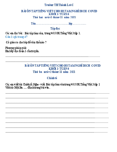 Bài tập Tiếng Việt Lớp 3 - Tuần 6 - Trường Tiểu học Thành Lợi C (Có đáp án)