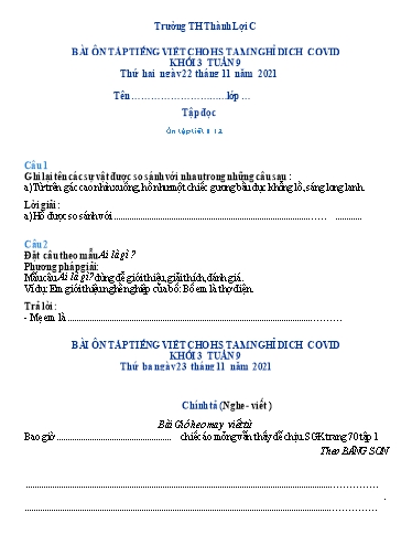 Bài tập Tiếng Việt Lớp 3 - Tuần 9 - Trường Tiểu học Thành Lợi C (Có đáp án)