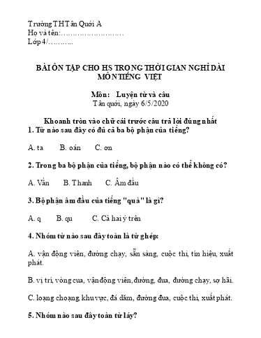 Bài tập Tiếng Việt Lớp 4 - Ngày 6/5 - Năm học 2019-2020 - Trường Tiểu học Tân Quới A
