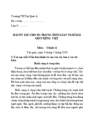 Bài tập Tiếng Việt Lớp 4 - Ngày 8/5 - Năm học 2019-2020 - Trường Tiểu học Tân Quới A