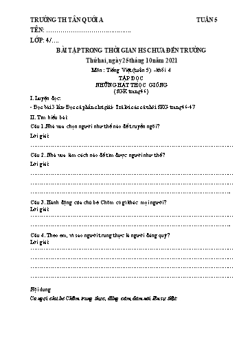 Bài tập Tiếng Việt Lớp 4 - Tuần 5 - Năm học 2021-2022 - Trường Tiểu học Tân Quới A (Có đáp án)