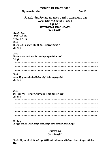 Bài tập Tiếng Việt Lớp 4 - Tuần 5 - Trường Tiểu học Thành Lợi C (Có đáp án)