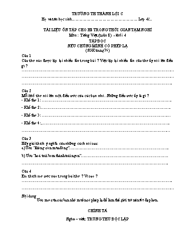 Bài tập Tiếng Việt Lớp 4 - Tuần 8 - Trường Tiểu học Thành Lợi C (Có đáp án)