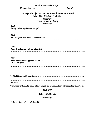 Bài tập Tiếng Việt Lớp 4 - Tuần 9 - Trường Tiểu học Thành Lợi C (Có đáp án)