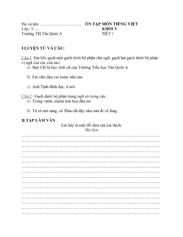 Bài tập Tiếng Việt Lớp 5 - Tuần 0 - Năm học 2021-2022 - Trường Tiểu học Tân Quới A (Có đáp án)