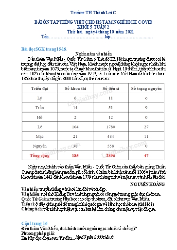 Bài tập Tiếng Việt Lớp 5 - Tuần 2 - Trường Tiểu học Thành Lợi C (Có đáp án)