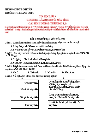 Bài tập Tin học Lớp 3 - Tuần 1+2 - Trường Tiểu học Thành Lợi C (Có đáp án)