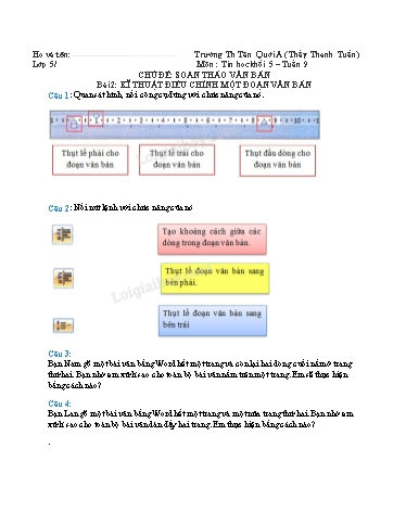 Bài tập Tin học Lớp 5 - Chủ đề: Soạn thảo văn bản - Bài 2: Kĩ thuật điều chỉnh một đoạn văn bản - Năm học 2021-2022 - Trường Tiểu học Tân Quới A (Có đáp án)