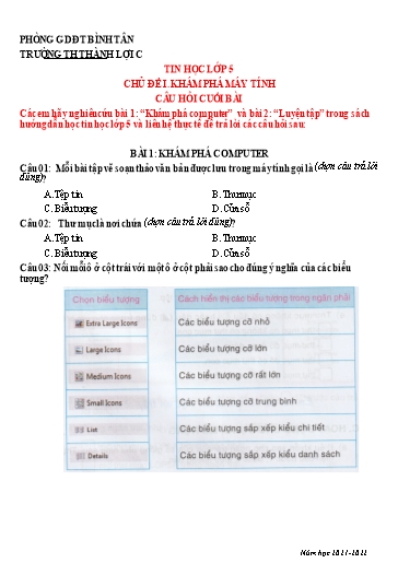 Bài tập Tin học Lớp 5 - Tuần 1, Theme 1: School (Lesson 1) - Trường Tiểu học Thành Lợi C (Có đáp án)