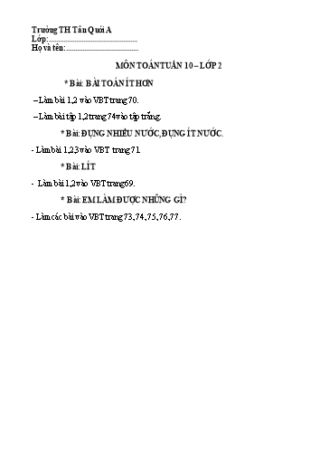 Bài tập Toán Lớp 2 - Tuần 10 - Năm học 2021-2022 - Trường Tiểu học Tân Quới A (Có đáp án)