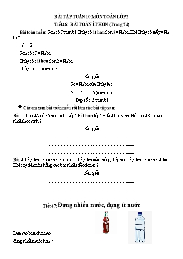 Bài tập Toán Lớp 2 - Tuần 10 - Trường Tiểu học Thành Lợi C (Có đáp án)