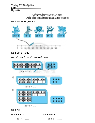 Bài tập Toán Lớp 2 - Tuần 12 - Năm học 2021-2022 - Trường Tiểu học Tân Quới A (Có đáp án)