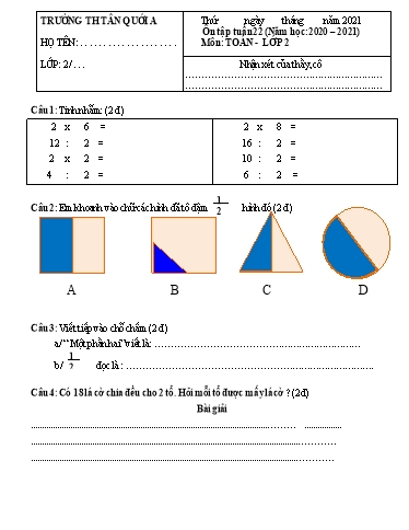 Bài tập Toán Lớp 2 - Tuần 22 - Năm học 2021-2022 - Trường Tiểu học Tân Quới A