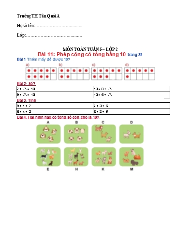 Bài tập Toán Lớp 2 - Tuần 5 - Năm học 2021-2022 - Trường Tiểu học Tân Quới A (Có đáp án)