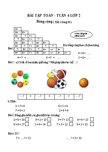 Bài tập Toán Lớp 2 - Tuần 6 - Trường Tiểu học Thành Lợi C (Có đáp án)