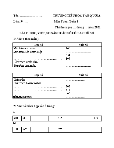 Bài tập Toán Lớp 3 - Tuần 1, Bài 1: Đọc, viết, so sánh các số có ba chữ số - Năm học 2021-2022 - Trường Tiểu học Tân Quới A