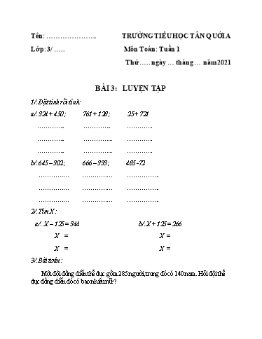 Bài tập Toán Lớp 3 - Tuần 1, Bài 3: Luyện tập - Năm học 2021-2022 - Trường Tiểu học Tân Quới A