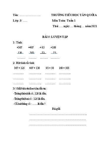 Bài tập Toán Lớp 3 - Tuần 1, Bài 5: Luyện tập - Năm học 2021-2022 - Trường Tiểu học Tân Quới A