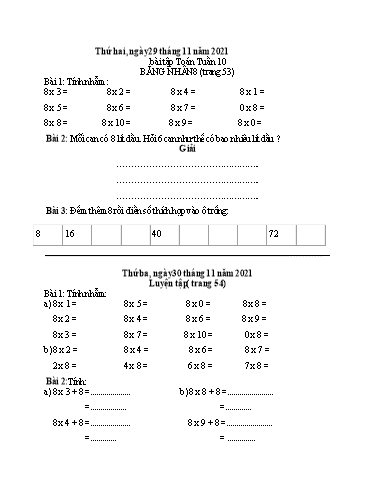 Bài tập Toán Lớp 3 - Tuần 10 - Năm học 2021-2022 - Trường Tiểu học Tân Quới A (Có đáp án)