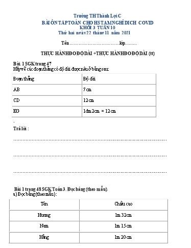 Bài tập Toán Lớp 3 - Tuần 10 - Trường Tiểu học Thành Lợi C (Có đáp án)