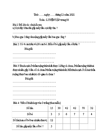 Bài tập Toán Lớp 3 - Tuần 11 - Năm học 2021-2022 - Trường Tiểu học Tân Quới A (Có đáp án)