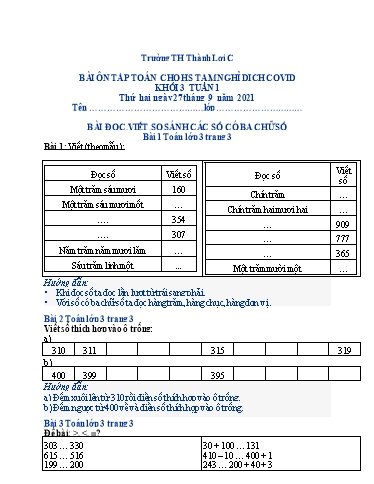 Bài tập Toán Lớp 3 - Tuần 1+2 - Trường Tiểu học Thành Lợi C (Có đáp án)