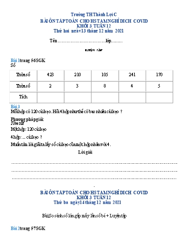 Bài tập Toán Lớp 3 - Tuần 12 - Trường Tiểu học Thành Lợi C (Có đáp án)