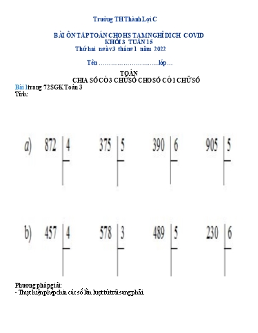 Bài tập Toán Lớp 3 - Tuần 15 - Trường Tiểu học Thành Lợi C (Có đáp án)