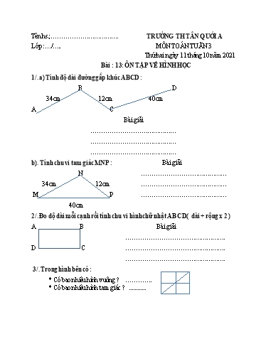 Bài tập Toán Lớp 3 - Tuần 3 - Năm học 2021-2022 - Trường Tiểu học Tân Quới A (Có đáp án)