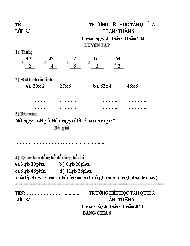 Bài tập Toán Lớp 3 - Tuần 5 - Năm học 2021-2022 - Trường Tiểu học Tân Quới A (Có đáp án)