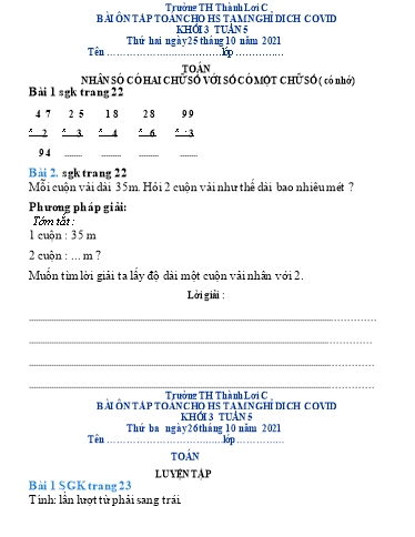 Bài tập Toán Lớp 3 - Tuần 5 - Trường Tiểu học Thành Lợi C (Có đáp án)