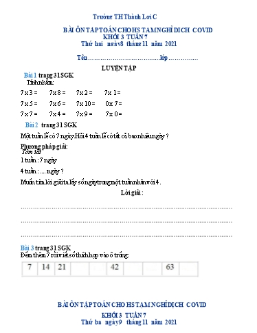 Bài tập Toán Lớp 3 - Tuần 7 - Trường Tiểu học Thành Lợi C (Có đáp án)