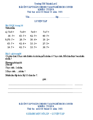 Bài tập Toán Lớp 3 - Tuần 8 - Trường Tiểu học Thành Lợi C (Có đáp án)
